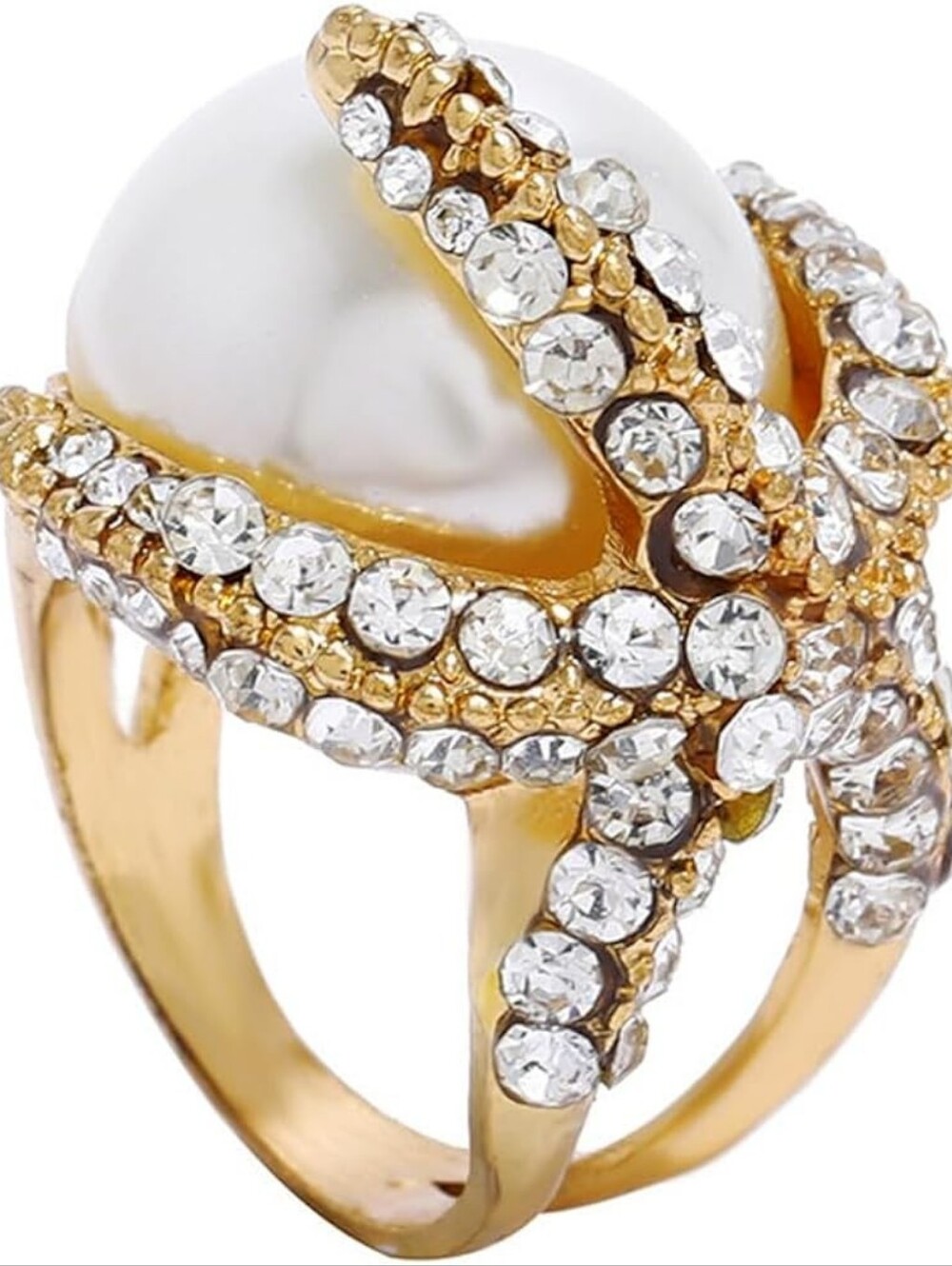 Big Starfish Shell Pearl Statement Ring Rhinestone Crystal